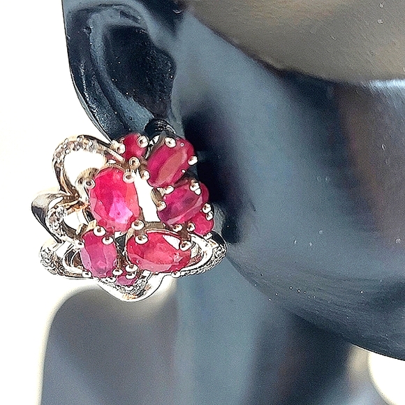 Natural Ruby 6x4mm & CZ‎ 14K White Gold on 925 Sterling Silver Earrings - Picture 3 of 5